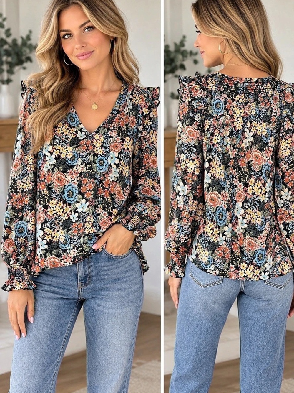 LOFT Floral Blouse in Black & Multicolor Like New, sz M
